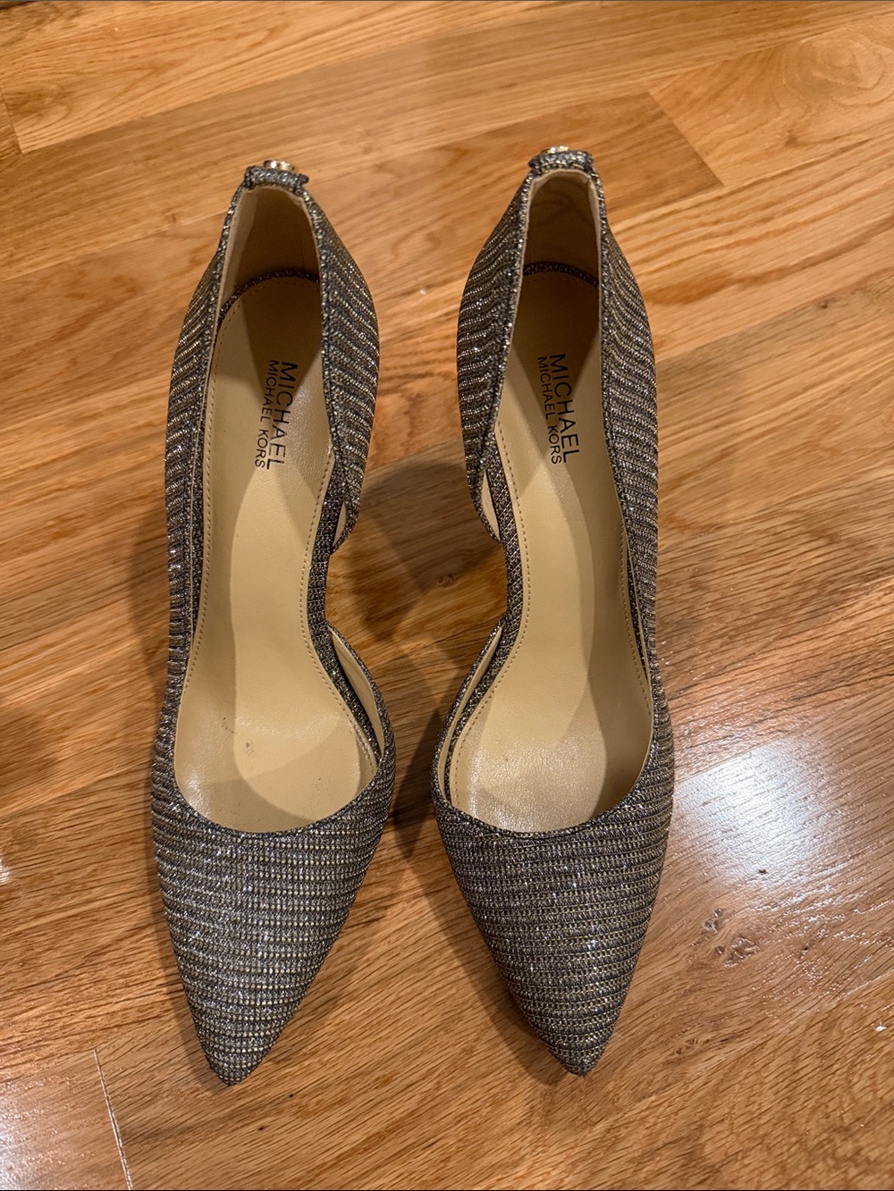 MICHAEL Michael Kors Glittery Metallic Taupe Pointed-Toe D'Orsay Pumps